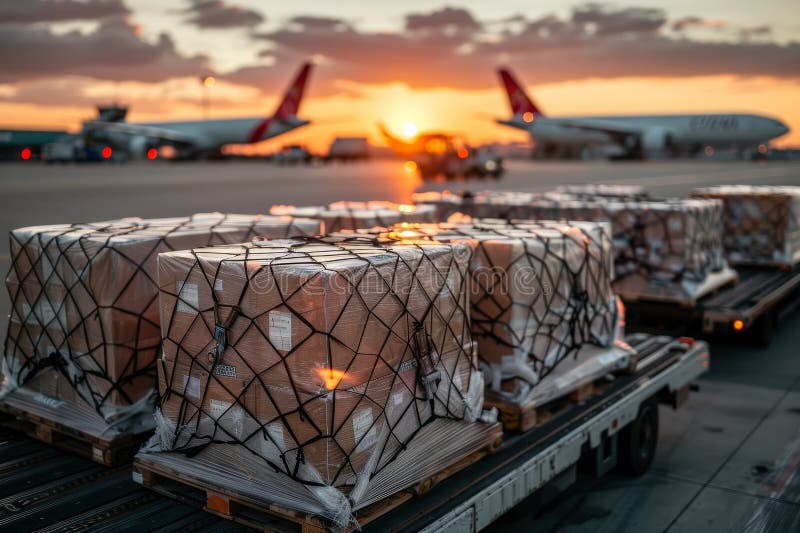 A plane is parked at an airport with a sunset in the background