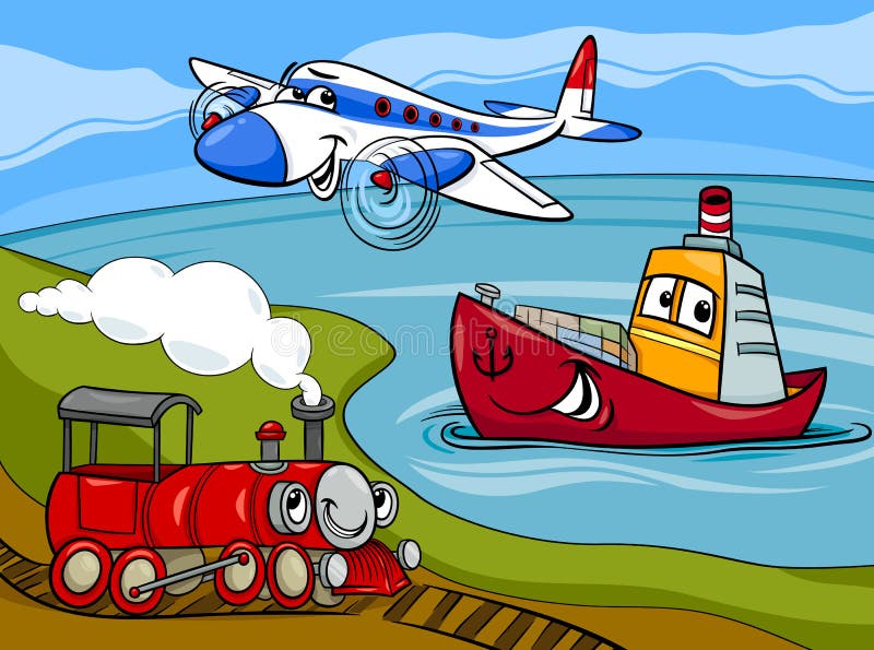 Plane ship train cartoon illustration royalty free illustration