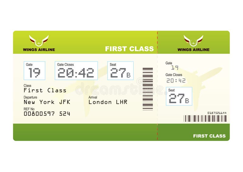 Plane ticket first class green travel with stub and gate number