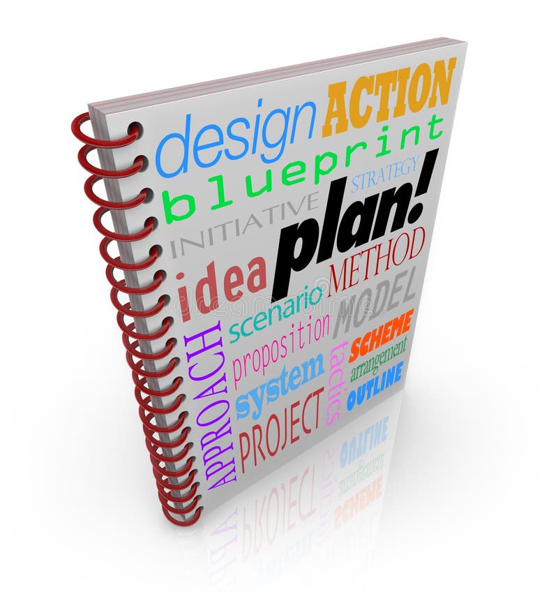 A book cover with words such as plan, action, strategy, approach and system to illustrate managing a business. A book cover with words such as plan, action, strategy, approach and system to illustrate managing a business