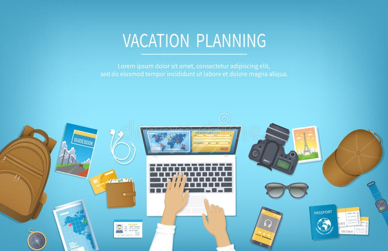 Planeamiento de las vacaciones, lista de verificación del embalaje, reserva, reservación un hotel Preparándose para el viaje, via stock de ilustración Planeamiento de las vacaciones, lista de verificación del embalaje, reserva, reservación un hotel Preparándose para el viaje, via stock de ilustración