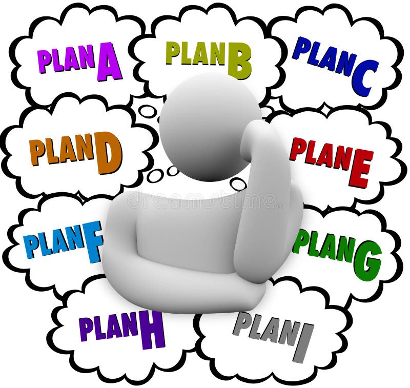 Plan A, B, C through I in thought clouds above a thinker who is revising or changing strategy to try a different approach at success. Plan A, B, C through I in thought clouds above a thinker who is revising or changing strategy to try a different approach at success