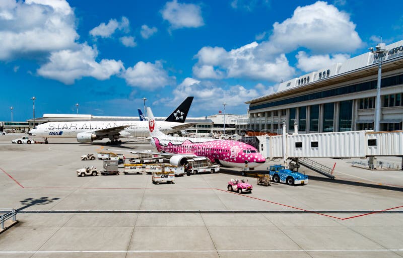 Planes at Naha Airport. Okinawa, Japan - April 02, 2015: Plane and support vehicles decorated in a sea creature livery at Naha airport, Okinawa royalty free stock photography Planes at Naha Airport. Okinawa, Japan - April 02, 2015: Plane and support vehicles decorated in a sea creature livery at Naha airport, Okinawa royalty free stock photography