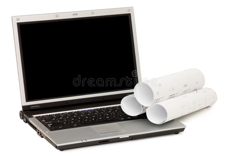 Planes y computadora portátil aislados en el fondo blanco imágenes de archivo libres de regalías Planes y computadora portátil aislados en el fondo blanco imágenes de archivo libres de regalías