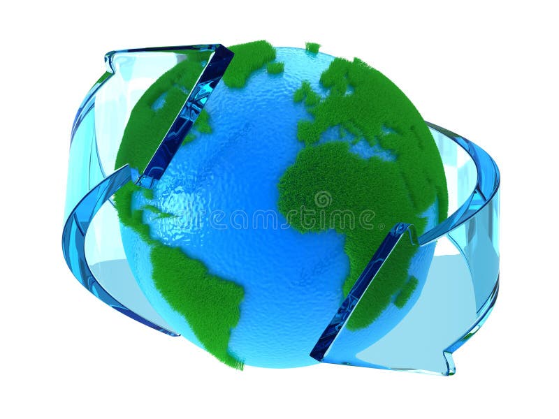 Planet Earth with green continents with arrows around. Planet Earth with green continents with arrows around