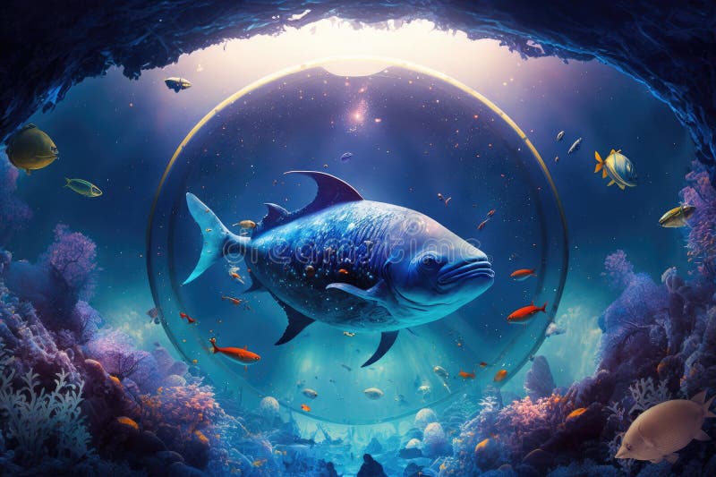 Planet of Aquarium Fish in Space with Beautiful Underwater Landscape ...