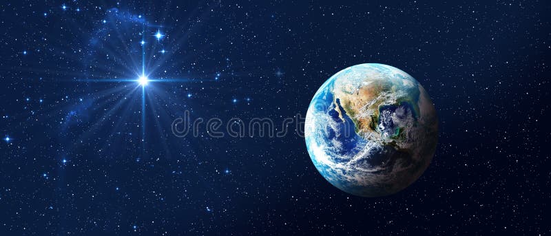 Planet Earth on dark blue night sky with bright star. Baner format. Christmas Star of Bethlehem Nativity, christmas of Jesus