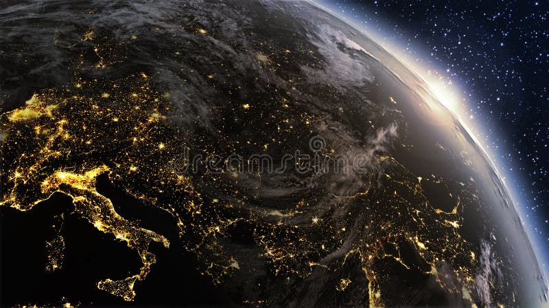 Planet earth Europe zone with night time and sunrise