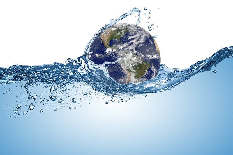Planet earth globe in wave of water in the ocean. Climate change global warming concept isolated white background. Elements of