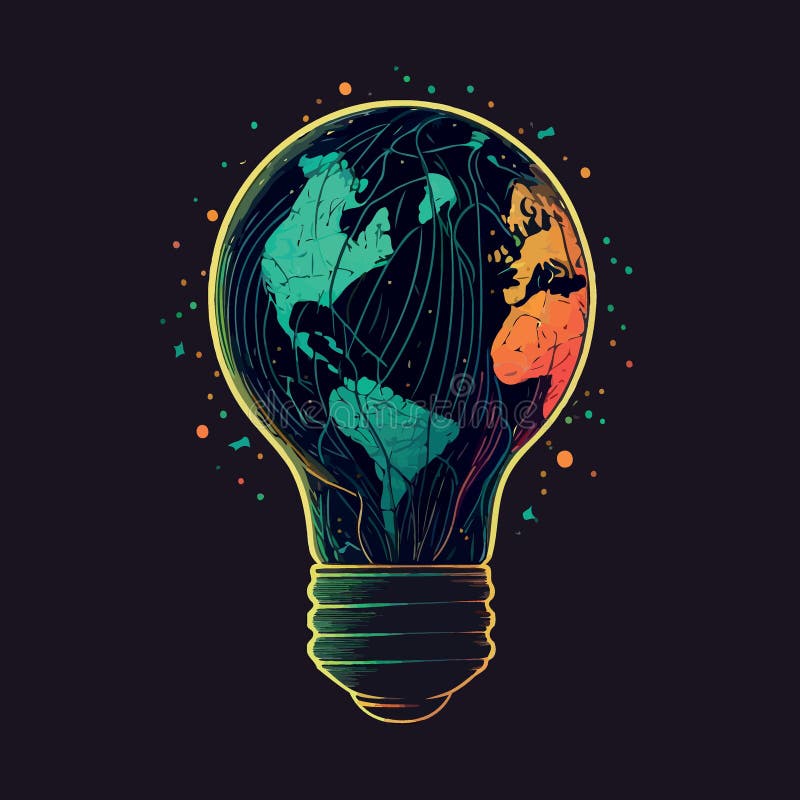 Earth Inside an Electric Light Bulb Bulb at Night Stock Vector