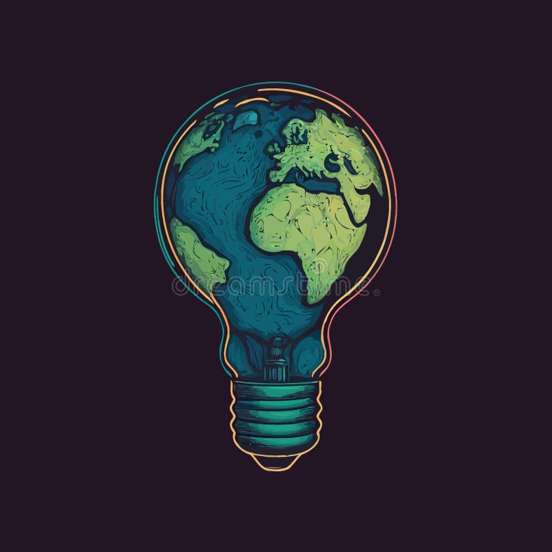 Earth Inside an Electric Light Bulb Bulb at Night Stock Vector