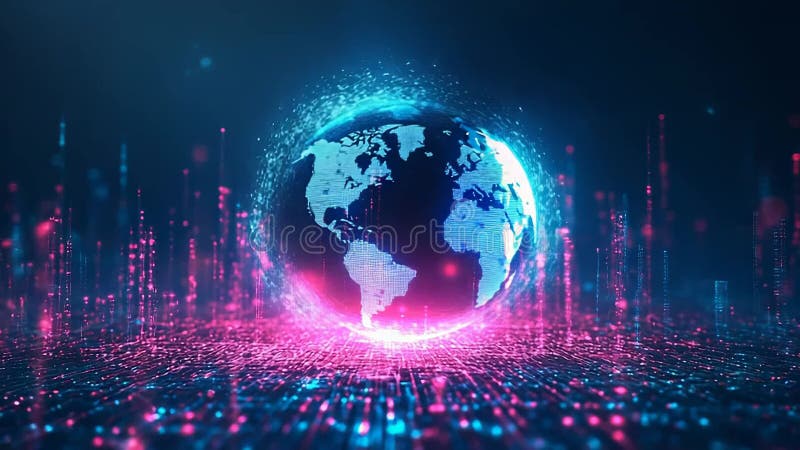 Planet earth rotating and generating digital information in cyberspace stock illustration