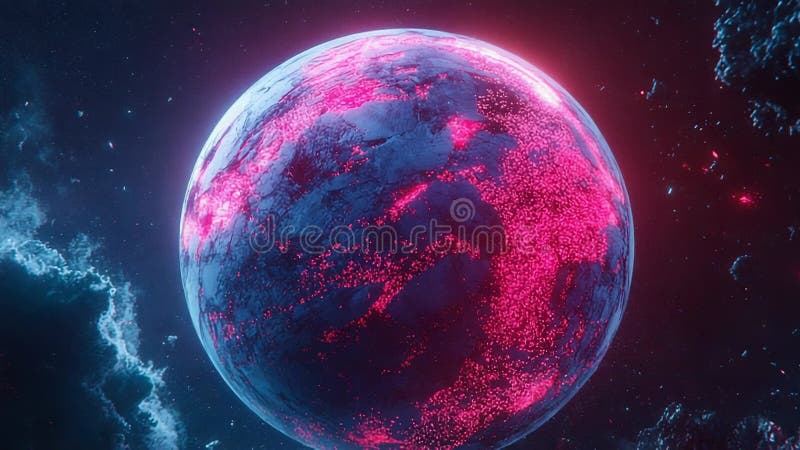 Planet earth rotating in space with glowing neon pink areas and blue nebulae vector illustration