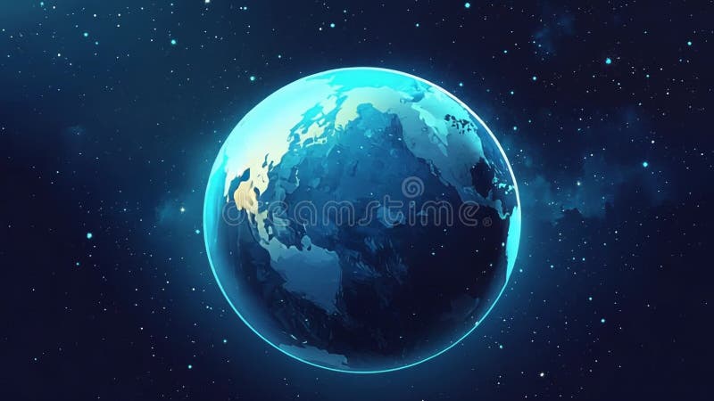 Planet earth rotating in space with glowing blue atmosphere and stars vector illustration