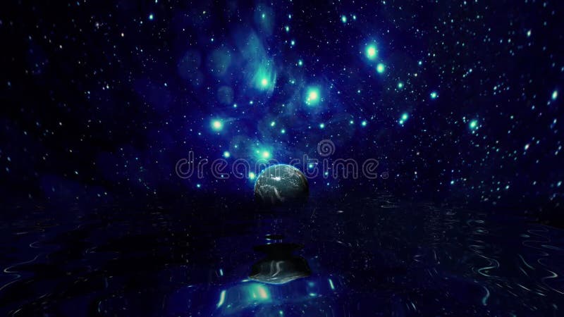 Planet earth and stars reflecting in water stock video footage