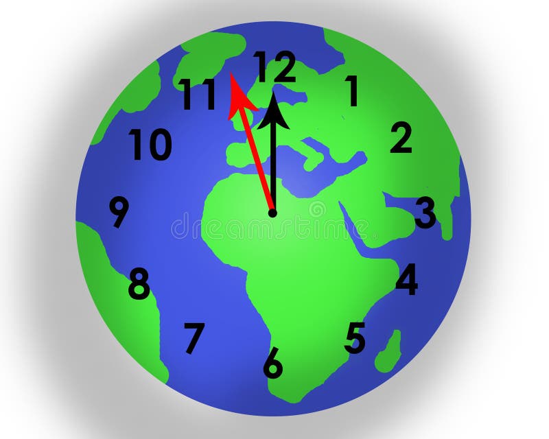 Time running out for planet earth. Planet earth superimposed with a clock face showing that time is running out to save our planet. On white background. Almost 12 o`clock the final hour.