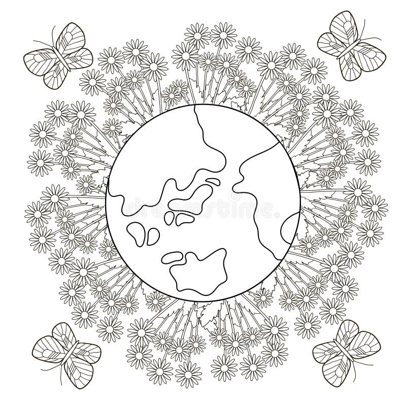 Planet, Flowers and Butterflies. Coloring Page Stock Vector ...