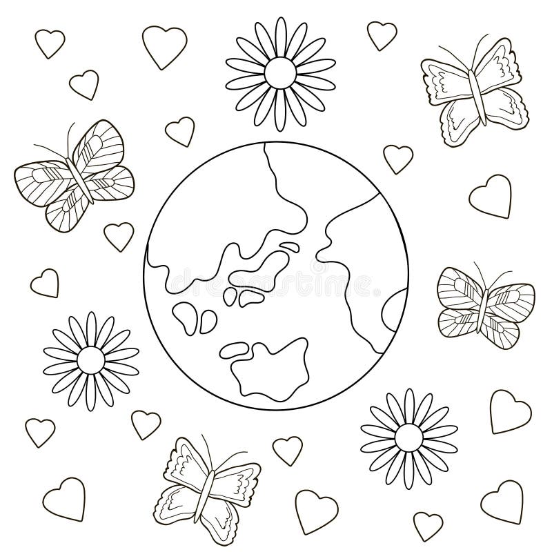 Planet, Flowers and Butterflies. Coloring Page Stock Vector ...