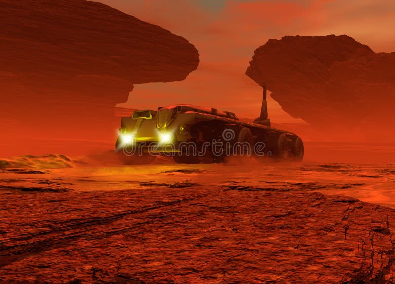 Conceptual image showing a large vehichle moving over the surface of the planet Mars. Conceptual image showing a large vehichle moving over the surface of the planet Mars