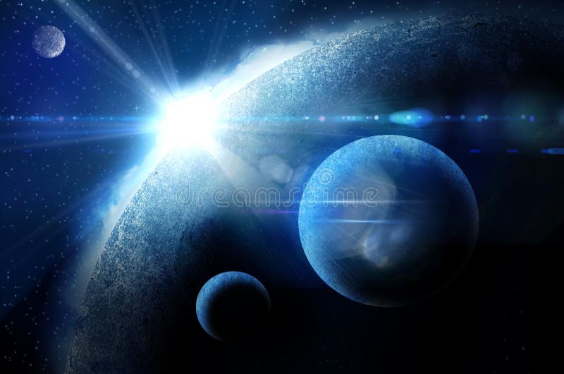 Planet with sunrise on the background of stars royalty free stock images