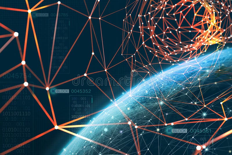The planet is surrounded by a global information network. Blockchain technology protects data. Era of artificial intelligence royalty free illustration