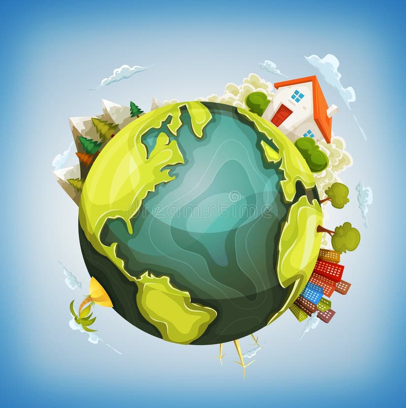 Planeta de la tierra con el hogar, la naturaleza y la ciudad alrededor stock de ilustración Planeta de la tierra con el hogar, la naturaleza y la ciudad alrededor stock de ilustración