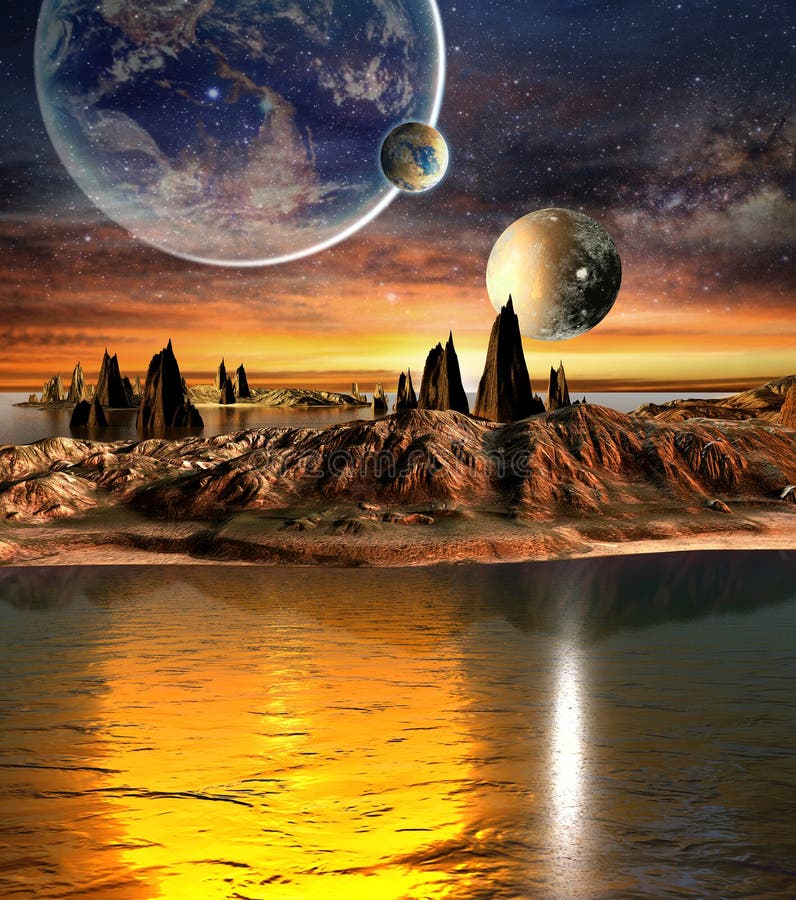 Alien Planet With planets, Earth Moon And Mountains . 3D Rendered Computer Artwork. Elements of this image furnished by NASA. Alien Planet With planets, Earth Moon And Mountains . 3D Rendered Computer Artwork. Elements of this image furnished by NASA
