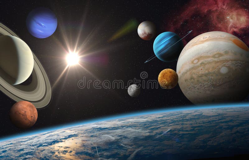 Earth and solar system planets, sun and star. Sun, Mercury, Venus, Earth, Mars, Jupiter, Saturn, Uranus, Neptune, Pluto. Sci-fi background. Elements of this image furnished by NASA. Earth and solar system planets, sun and star. Sun, Mercury, Venus, Earth, Mars, Jupiter, Saturn, Uranus, Neptune, Pluto. Sci-fi background. Elements of this image furnished by NASA