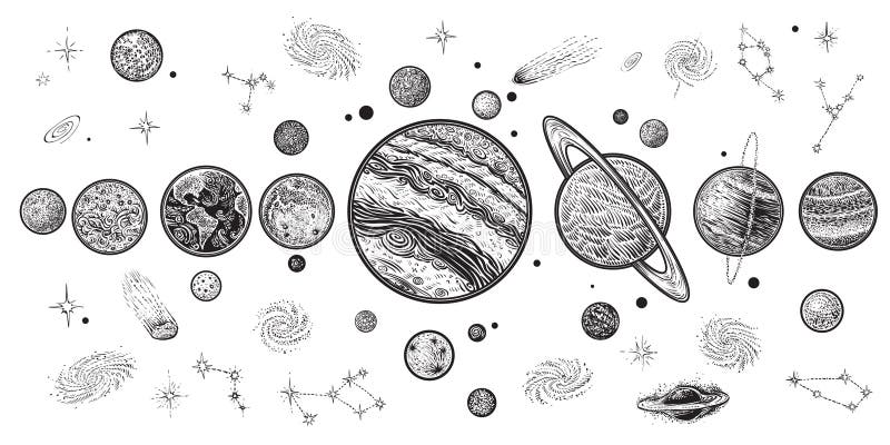 Planetas y ejemplo dibujado mano del vector del espacio Sistema Solar con los satélites