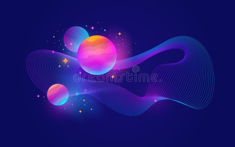 Planets with glow effect, stars and abstract waveform - vector illustration,. Planets with glow effect, stars and abstract waveform - vector illustration,