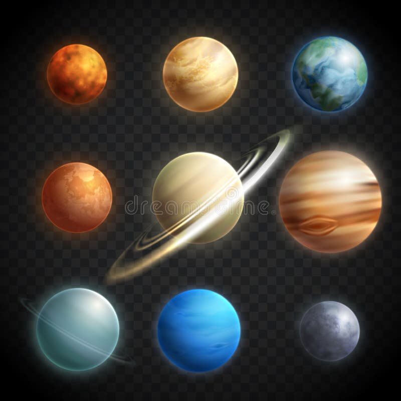 Planets realistic transparent set with Solar System planets isolated vector illustration. Planets realistic transparent set with Solar System planets isolated vector illustration