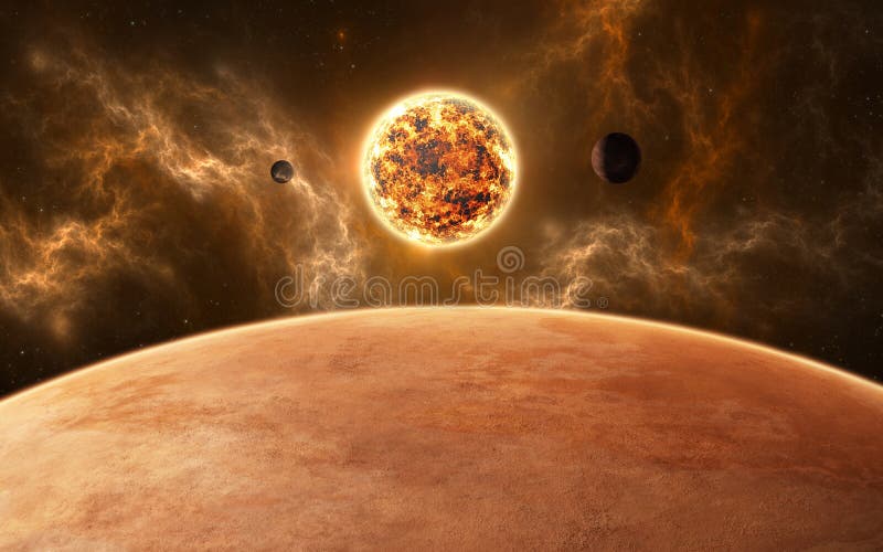 Planets around red dwarf star. New planetary system, 3d illustration. Planets around red dwarf star. New planetary system, 3d illustration