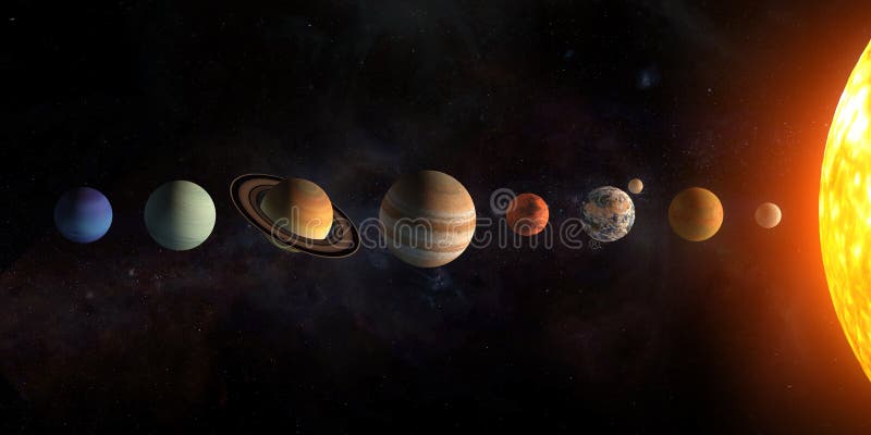 Solar system planets set. The Sun and planets in a row on universe stars background.Elements of this image furnished by NASA. 3d illustration. Solar system planets set. The Sun and planets in a row on universe stars background.Elements of this image furnished by NASA. 3d illustration