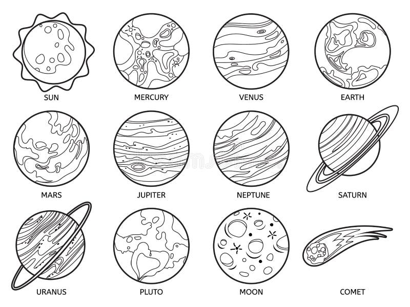 Planeter för färgbok. Solsystemssolsol och neptune jupiter och pluto venus och mars saturn och moon uranus royaltyfri illustrationer