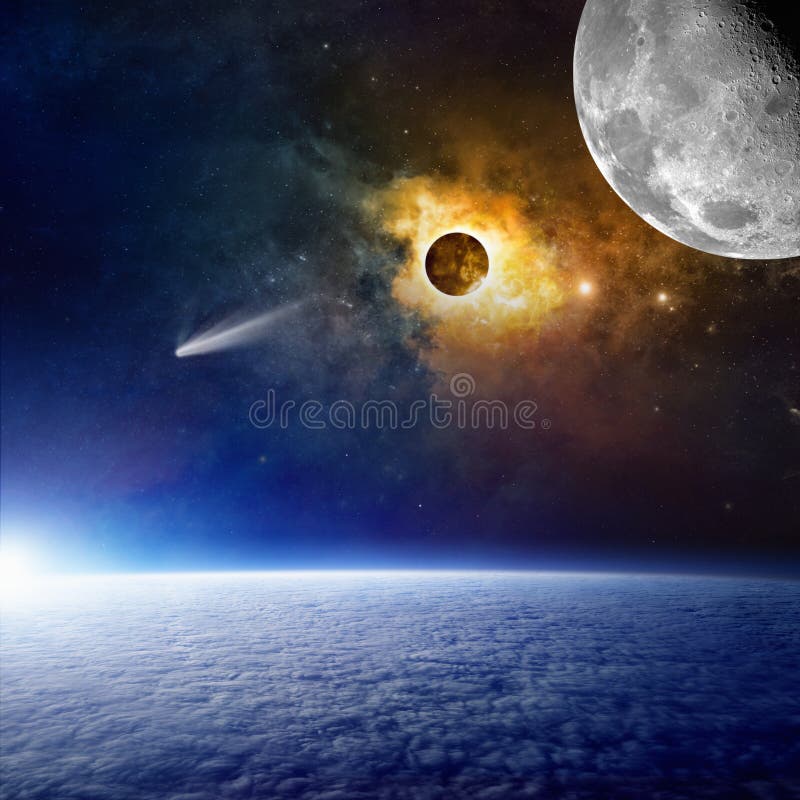 Planetjord, ljus komet, glödande nebulosa och måne i utrymme stock illustrationer