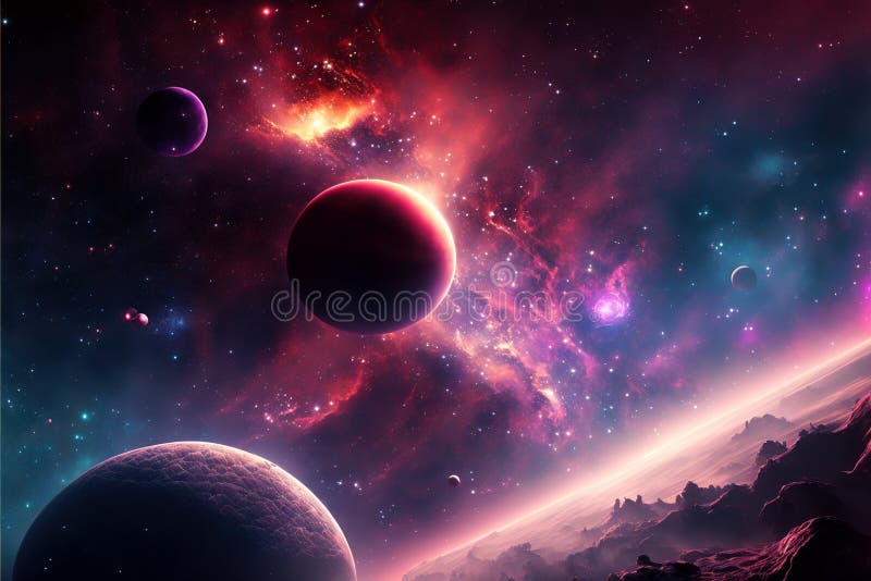 Planets, galaxy and nebula in outer space, endless universe background, generative AI vector illustration