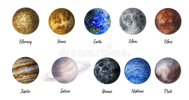 Planets Hand Drawn Watercolor Illustration. Mercury, Venus, Earth, Moon