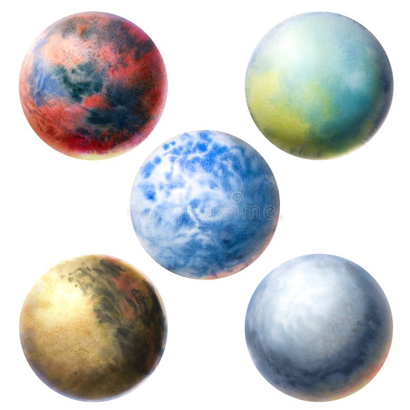 Planets painted with shining watercolor paints on black watercolor