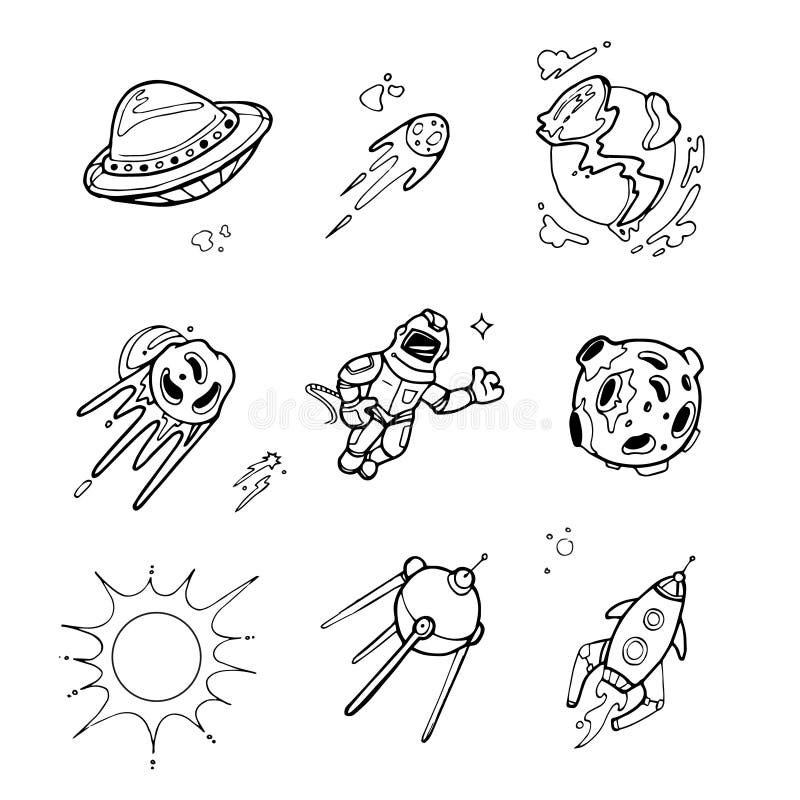 Set of space objects. Spaceship, rockets, planets, astronaut, alien, UFO  etc Stock Vector