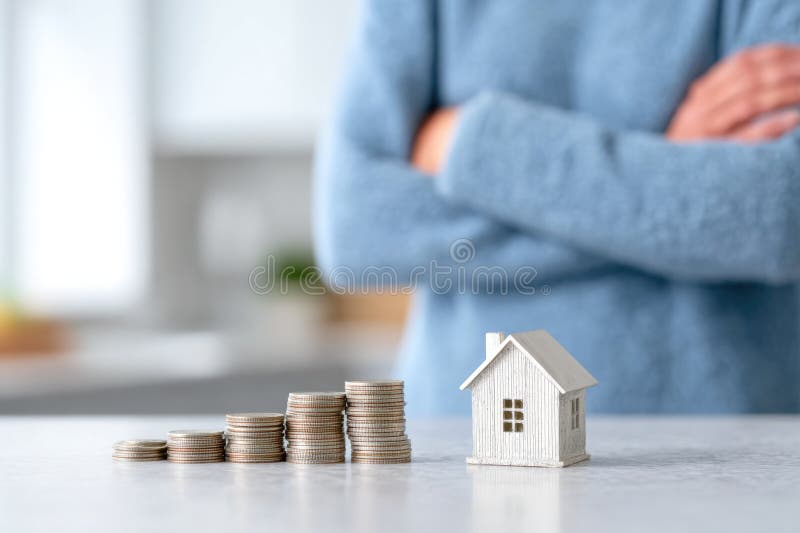 Planificación Financiera Inmobiliaria con Mini Casa y Monedas. ilustración del vector