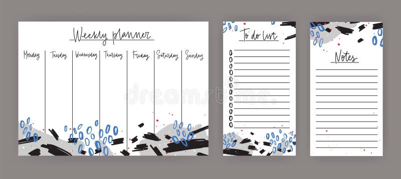 Planificador semanal con días laborables, hoja para las notas y hacer las plantillas de la lista adornadas con la pintura azul y ilustración del vector Planificador semanal con días laborables, hoja para las notas y hacer las plantillas de la lista adornadas con la pintura azul y ilustración del vector