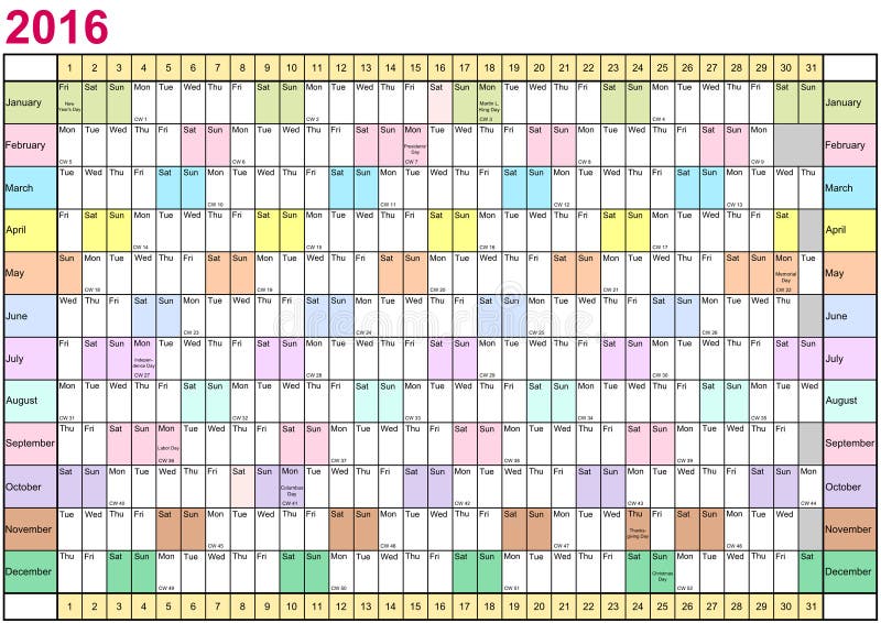 Planificateur 2016 d'année linéaire chaque mois dans différentes couleurs illustration de vecteur Planificateur 2016 d'année linéaire chaque mois dans différentes couleurs illustration de vecteur