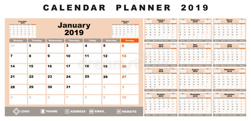 Planificateur 2019 de calendrier illustration stock Planificateur 2019 de calendrier illustration stock