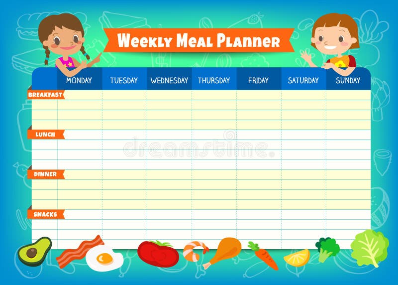 Planificateur hebdomadaire de repas avec les personnages de dessin animé mignons d'enfants Un horaire de repas pour l'enfant à l' illustration de vecteur Planificateur hebdomadaire de repas avec les personnages de dessin animé mignons d'enfants Un horaire de repas pour l'enfant à l' illustration de vecteur