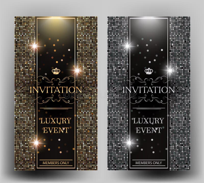 Planlägger eleganta inbjudankort för storgubbe med guld och silver beståndsdelar stock illustrationer