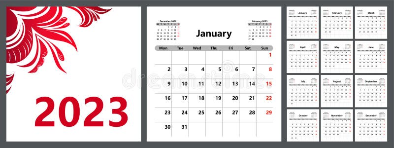 Planner Calendar for 2023 with a Beautiful Cover, Basic Template. the Week  Starts on Monday. Vector Illustration Stock Vector - Illustration of  isolated, graphic: 253713226