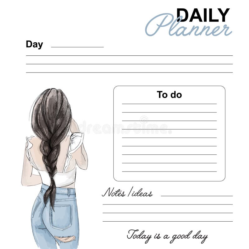 Daily planner fashion design. Date day list vector page. Daily template with woman watercolor drawing. Fashion template vector illustration