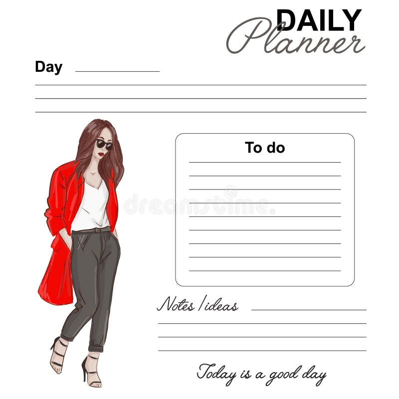 Daily planner fashion design. Date day list vector page. Daily template with woman watercolor drawing. Fashion template stock illustration
