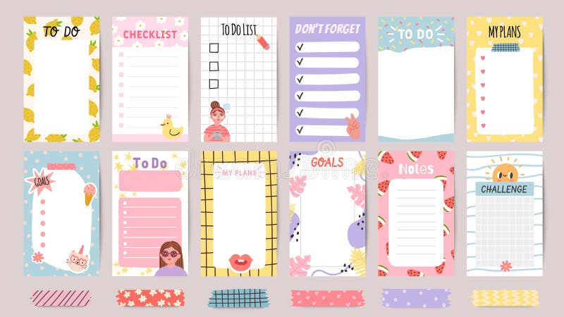 Planner list notes. Weekly to do lists and daily schedule with stickers and cute patterns. Checklist for goals and plans stock illustration