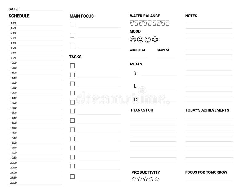 Daily Planner Printable Template Vector. Blank White Notebook Page in